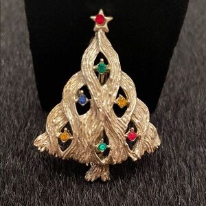 Silver Christmas Tree Brooch with Multicolor Rhinestone Accents
